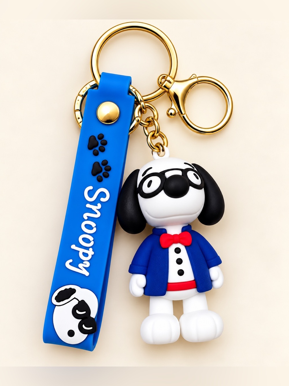 Snoopy Blue Silicone Dog Keychain with Gold Hardware